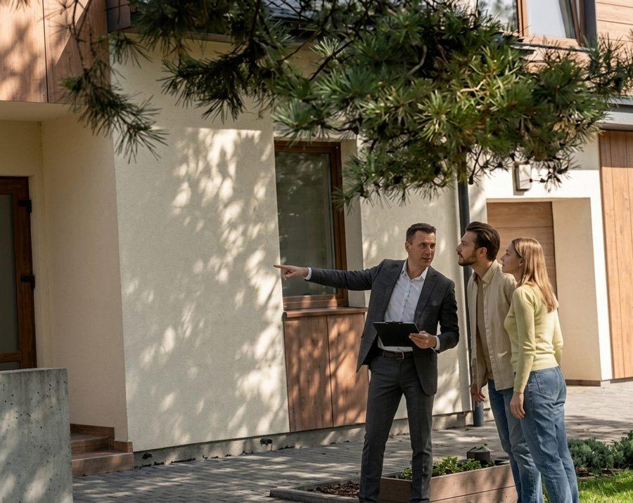 L'expert montre un point de la façade à un couple d'acheteurs