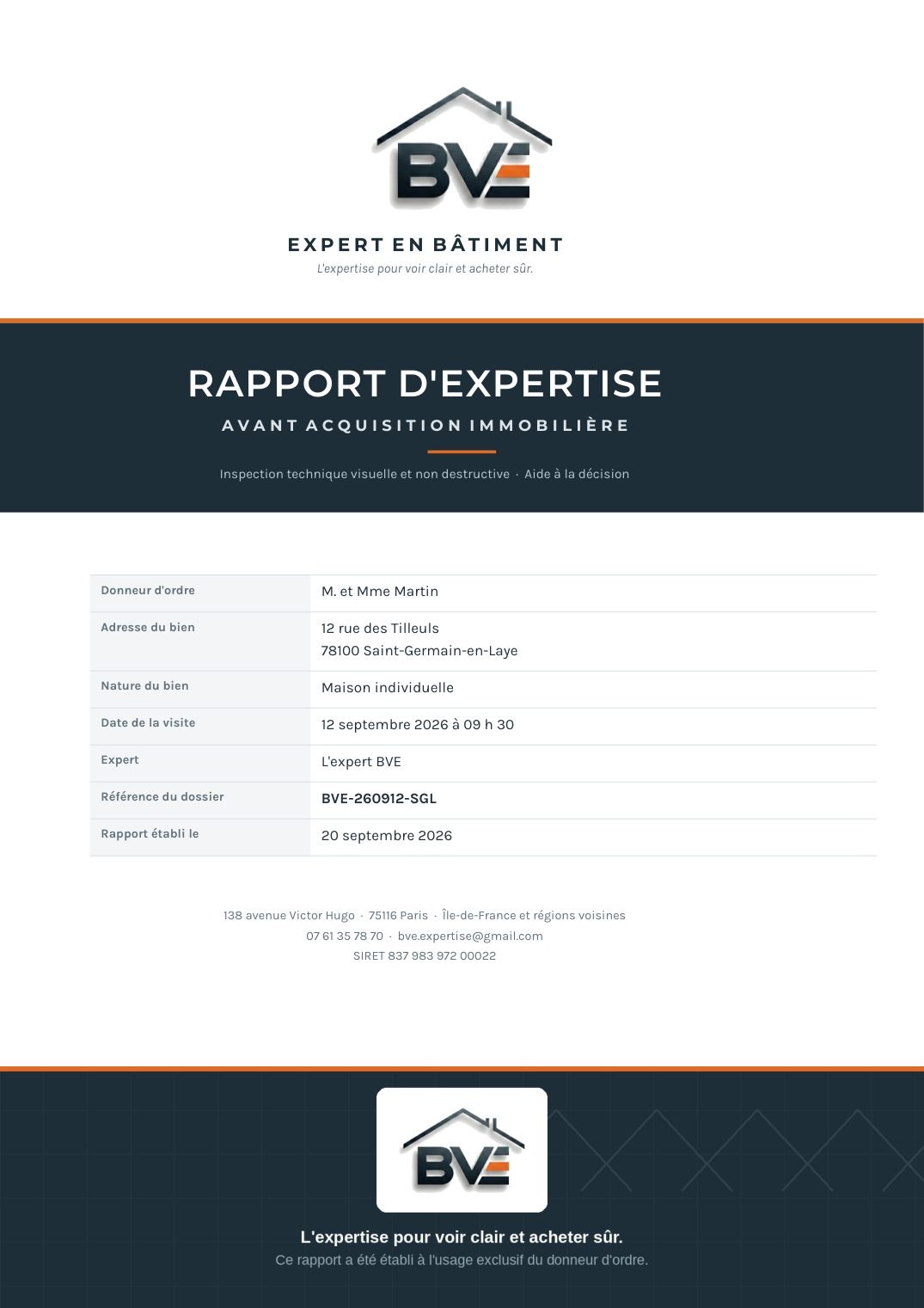 Page de couverture d'un rapport d'expertise avant achat