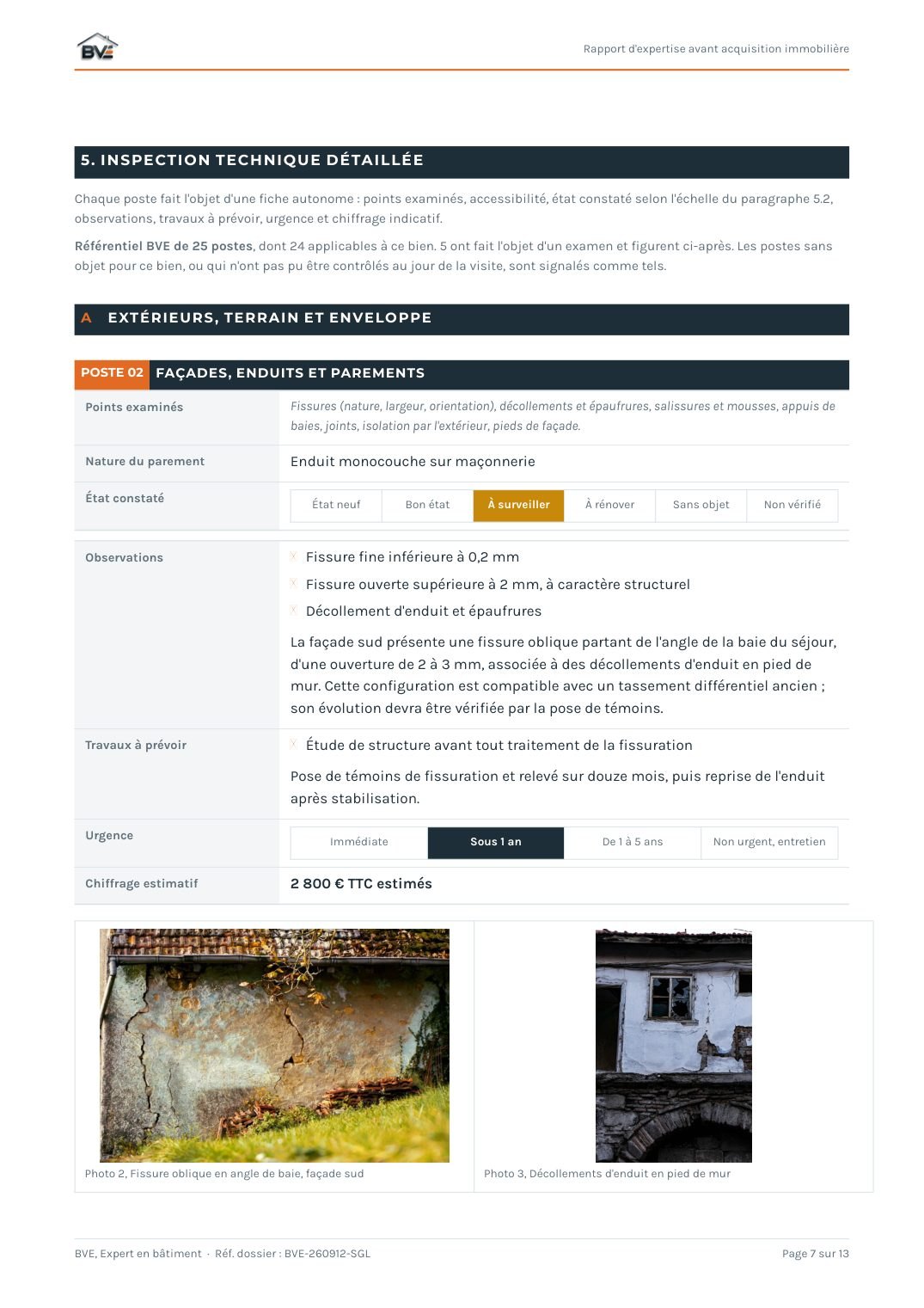Fiche du poste façades : état retenu, constats photographiés et travaux chiffrés